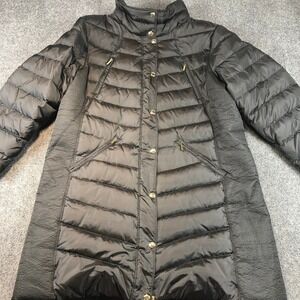 Michael Kors Black Down Puffer Coat Women's 2X Long Quilted Gold Details